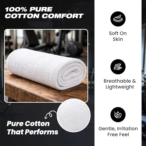 Sports Towel - Double Pack (2 Pieces), 12"x51", White, 100% Cotton - Oeko-Tex Certified, Very Absorbent and Quick-Drying, for Fitness, Gym and Yoga