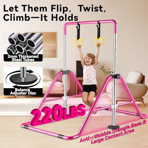 Kids Gymnastics Bar Gymnastic Equipment for Home Adjustable Height Gymnastic Training Bar Gymnastic Stuff for 3-7 Years Old Girls - color: Pink with ring