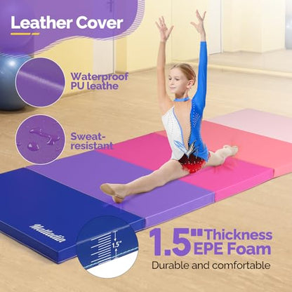 Matladin Folding Gymnastics Gym Exercise Aerobics Mat, 76"L x 30"W x 1.5"Th Folding Exercise Mat, Easy to Clean PU Leather Tumbling Mats for Stretching Yoga Cheerleading Martial Arts, Kid Play(Pink ,Blue）