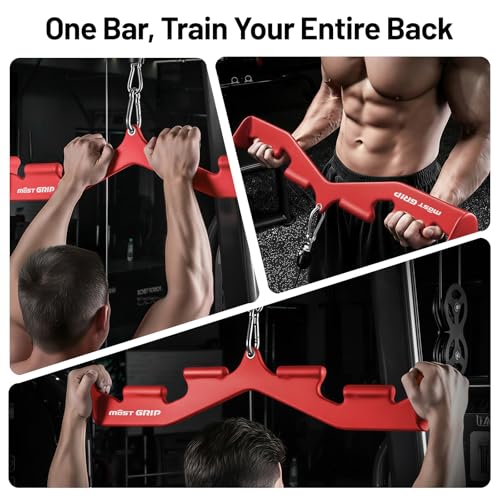 LAT Pull Down Bar with 6 Ergonomic Handles, Neutral Grip LAT Pulldown Attachments for Whole Back Training, Wide Grip LAT Pulldown Bars for Home Gym Cable - color: Red