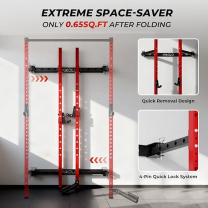 Mikolo 2" x 2" Folding Wall Mounted Squat Rack, 1000 Pounds Capacity Power Rack with Pull Up Bar, J Hooks and Other Attachments, Space-Saving Home Gym - color: Red, style: Home Gym Package (230 LBS)