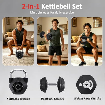 2-in-1 Adjustable Kettlebell, 15-45lbs Kettlebells Weight Set | Converts to 5.9-30.9lbs Adjustable Dumbbell, Home Gym, Strength Training, Full Body Workout, Cast Iron - color: Black