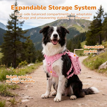 Medium Dog Harness Backpack, No Pull Adjustable Dog Vest with Handle & Leash Ring, Lightweight Dog Backpack with Side Pockets for Walking, Training & Day Hikes, Pink, M