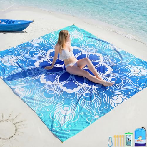 Beach Blanket Waterproof Sandproof Large Sand Free,78''X81''/10'X9' Oversized Sandless Lightweight Blanket Picnic Mat for Beach Travel Camping Hiking with Stakes