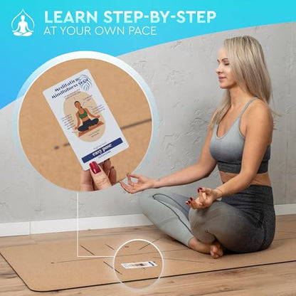 Natural Cork Yoga Mat with Alignment Lines and 55 Instructional Cards in 7 Themes for Beginner - Non-Slip Eco Friendly - 183x66x5mm for Home Workouts, Balance & Precision