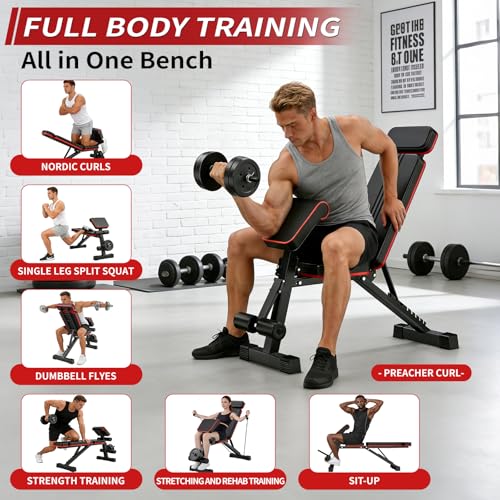 Adjustable Weight Bench, Foldable Workout Bench Press, 800LBS Weight Benches for Home Gym, Workout Equipment with Preacher Curl & Leg Extension, Incline Decline Flat Bench for Full Body Exercise & Fitness Equipment