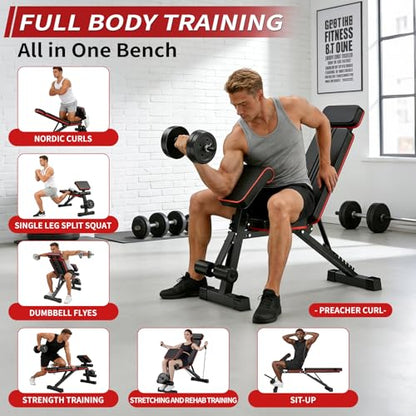 Adjustable Weight Bench, Foldable Workout Bench Press, 800LBS Weight Benches for Home Gym, Workout Equipment with Preacher Curl & Leg Extension, Incline Decline Flat Bench for Full Body Exercise & Fitness Equipment