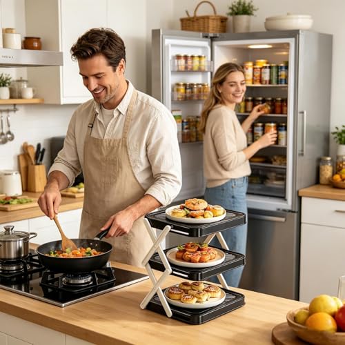 Multi-Tier Prep Tray Rack Foldable Space Saving 3 Tier - color: Black