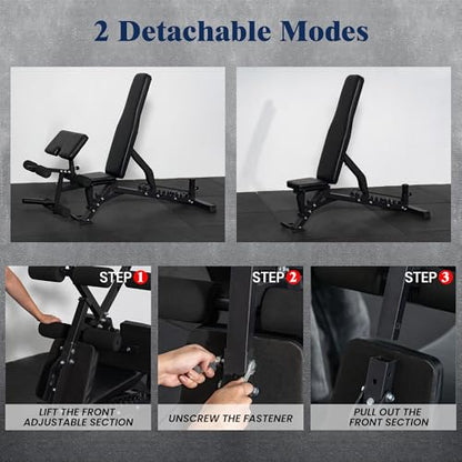 Adjustable Weight Bench, Adjustable Flat Incline Decline Home Gym Bench, Heavy-Duty 12-Gauge Steel Frame with Leg Extension and Preacher Pad for Small Space Apartment Room