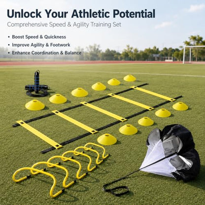 predolo Agility Training Set, Speed Training Set with Ladder, Cones, Hurdles & Parachute, Athletic Gear for Football Basketball