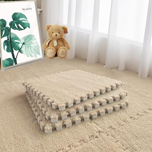 16pcs 0.6" Thickened Interlocking Tile Mats,Fluffy Shaggy Soft EVA Foam Area Rug for Living Room & Bedroom,Non-Slip Protective Floor Carpet Play Mat Kids Baby Dorm Home Decor (11.8ft, Khaki) - color: Khaki