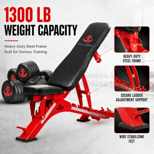 Adjustable Weight Bench 1300 lb Capacity, 40-Position Workout Bench with 10 Backrest & 4 Seat Angles, Heavy Duty Strength Training Bench for Home Gym, Garage Gym, Incline Flat Dumbbell Workouts