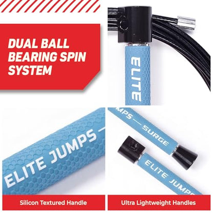 Elite Jumps Surge Professional Speed Rope for Double Unders - Patented Dual Bearing Ultra Light-Weight Handle for Premium Spin Control and Kink-Resistant Cable for fast Speed Jump Rope - color: Powder Blue