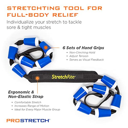 ProStretch StretchRite, Physical Therapy Stretching Strap with Grip Handles for Sore and Tight Muscles, Includes Instruction Guide, Blue/White