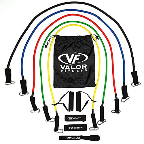 Valor Fitness Resistance Bands with Handles Set, Stackable Exercise Tube Bands for Home Gym Workouts, Strength & Mobility Training, Physical Therapy - Includes Door Anchor, Ankle Straps and Carry Bag