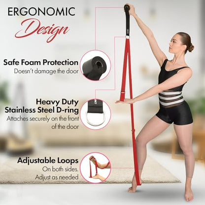 Stretching Strap With Door Anchor - Stretching Equipment to Improve Legs Flexibility - Splits Trainer For Home Ideal In Ballet, Dance, Cheerleading, Taekwondo, Yoga, Pole Dancing & Gymnastics - color: Red