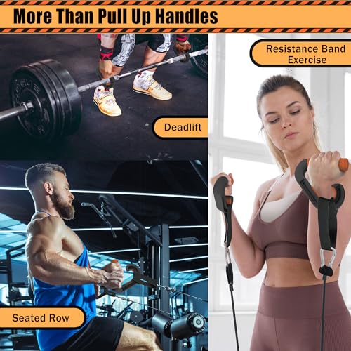 Pull Up Handles Neutral Grip: Portable Barbell Grip with 2 Detachable Straps for Cable Machine LAT Pull Down T-bar Row Deadlift Shrug - color: Orange