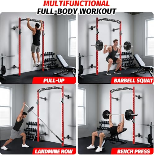 Wall Mounted Power Rack, Heavy Duty Power Rack for Home Gym, Multi-Grip Pull Up Bar with J-Hooks & Landmine Attachment, Space-Saving Wall-Mount Strength Rack for Garage Gym