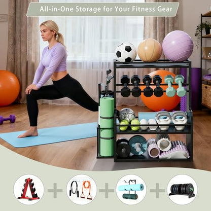 APRTAT Bamboo Dumbbell Rack, Adjustable Weight Rack for Home Gym, All-in-One Workout Equipment Storage for Dumbbells, Kettlebells, Yoga Mats & Balls