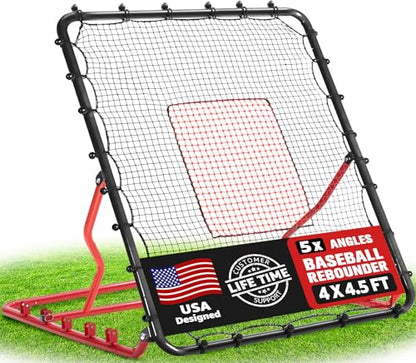 Baseball Rebounder Net, 3/5 Adjustable Angles 4x4.5FT Pitch Back Baseball Softball Volleyball Rebounder with 2 Strike Zones, UV Resistant, Pitchback Trainer for Ground, Line Drive & Fly Balls - style: 5 Angles Adjustable