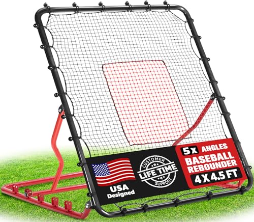 Baseball Rebounder Net, 3/5 Adjustable Angles 4x4.5FT Pitch Back Baseball Softball Volleyball Rebounder with 2 Strike Zones, UV Resistant, Pitchback Trainer for Ground, Line Drive & Fly Balls - style: 5 Angles Adjustable