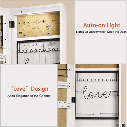 SRIWATANA Jewelry Armoire Cabinet, Solid Wood Jewelry Organizer with Full Length Mirror Wall/Door Mounted(Washed White) - color: Washed White