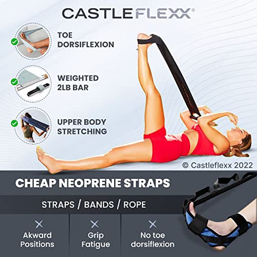 CastleFlexx Mobility and Full Body Strengthening Device | Non-Elastic Stretch Strap with Natural Premium Cork Handles for Stretching, Exercise, Physical Therapy, and Yoga | Height up to 5’9” Aqua