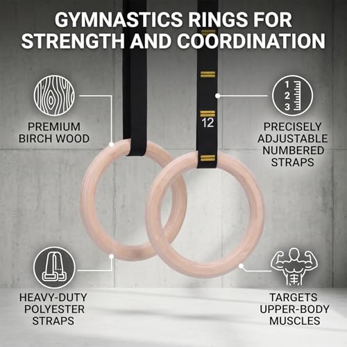 Gymnastic Rings Wooden Gym Rings, Pull Up Sets with Adjustable Numbered Straps, Double Circle Wood Full Body Workout for Workout Bodyweight Fitness Training
