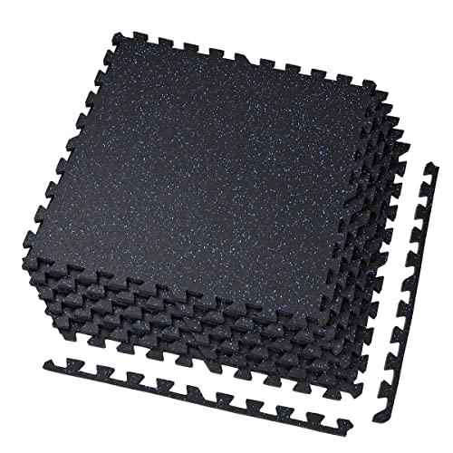 1/2" Thick 48 sq ft (12 Tiles) Interlocking Rubber Top EVA Foam Exercise Mat | Home Gym Mats Workout Flooring Tiles for Gyms, Fitness Rooms | Durable Grip Protective Flooring, Black/Blue
