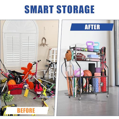 Mythinglogic Garage Sports Equipment Organizer, Baseball Storage Large Capacity, Sports Organizer for Garage with Hooks and Baskets, Ball Storage Rack for Football, Soccer Ball, Bat, Toys