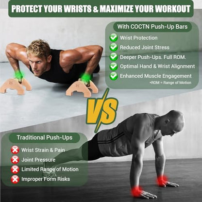 Wooden Push Up Bars, 2 PCS Solid Beech Wooden Parallettes with Embedded Non-slip Feet & Training Poster for Floor, Push Up Stands for Men Strength Training, Planks, Calisthenics & Home Gym Workout