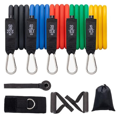 Workout Resistance Bands 150lb Exercise Stretching Men Women Pilates Training Band with Handle 5 Strength Level for Physical Therapy, Yoga, Pilates, Door Anchor, Storage Pouch