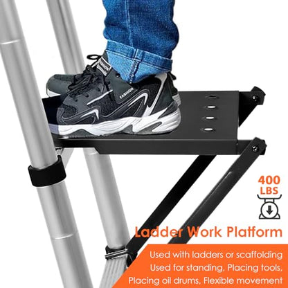 Ladder Platform, 400 lbs Capacity Ladder Step & Work Platform - Heavy Duty Anti-Slip Extension Ladder Standing Surface & Tool Tray, Stable Safety Attachment for Painting & Repairing (Black)
