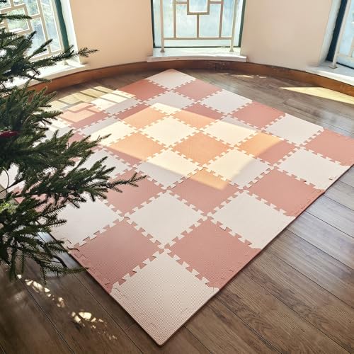 TCBunny Kids Soft EVA Foam Jigsaw Puzzle Play Mat, 36 Interlocking Tiles and Edges Baby Play Mat, for Kids Gym, Nursery, Playroom, Pet Mat, Total Floor Coverage 32 Sq Ft, Pink/Peach