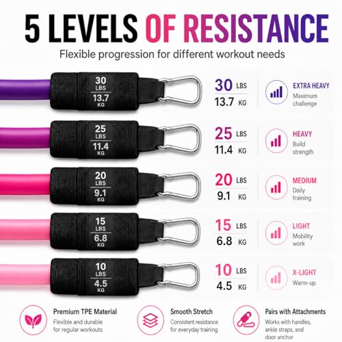 Resistance Bands Set with Handles, Door Anchor & Ankle Straps, 100 lbs Stackable Exercise Bands, 5 TPE Resistance Tubes for Home Workout, Strength Training, Yoga & Pilates
