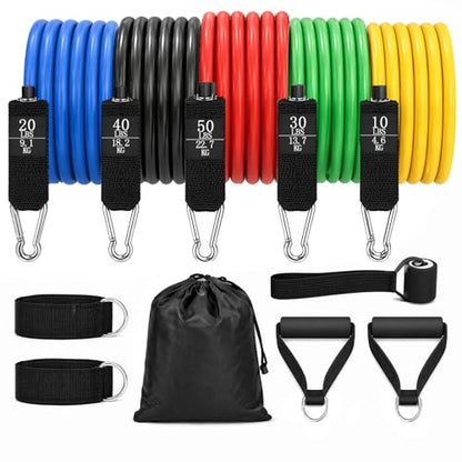 Resistance Bands Set, Exercise Bands with Handles, Door Anchor and Ankle Straps, 5 Stackable Workout Bands Up to 150 lbs, Resistance Bands for Working Out, Physical Therapy, Home Gym for Men and Women