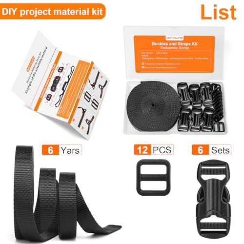 BEYOURD 5/8" Buckle and Strap Set: 6 Yards of Thick Nylon Webbing, 6 Pack Quick Side Release Adjustable Plastic Buckles, 12 Tri-Glide Slide Clips, Black (5/8 Inch Combo Set) - style: 5/8" Combo Set