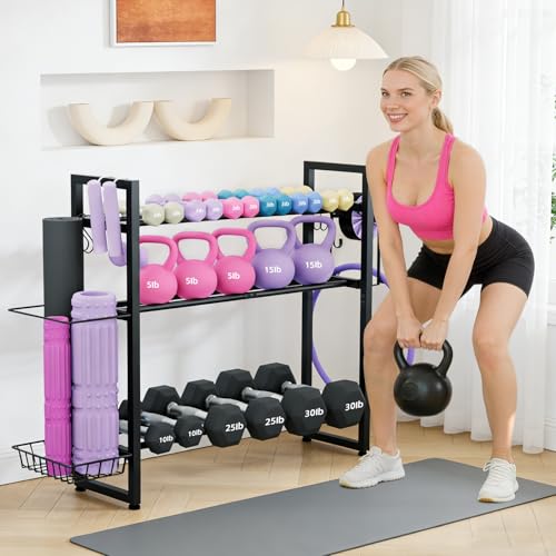 3-Tier Dumbbell Rack with 882 LBS Capacity, Multi-Purpose Weight Rack for Home Gym with Shelf and Movable Hooks, Weight Holder and Home Gym Storage Organizer for Dumbells Kettlebells Yoga Mat