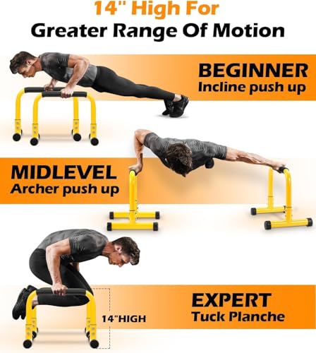 Push Up Bar, 14'' High Steel Parallettes & Dip Bar with Full Coverage Foam Handle, Heavy-Duty Calisthenics Parallel Bars for L-Sit, Dips, Home Gym Strength Training Workout