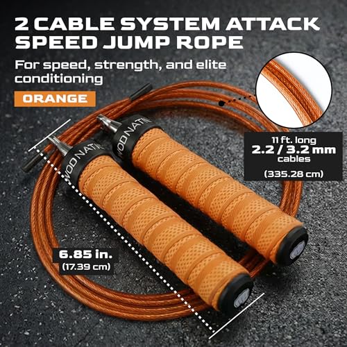 WOD Nation Attack Speed Jump Rope Adjustable Dual-Cable Skipping Rope for Men, Speed & Weighted Options, Fast Fold-Over Adjustment Durable Adult Boxing Rope for Fitness, Cardio Home Gym & Cross Training - color: Orange