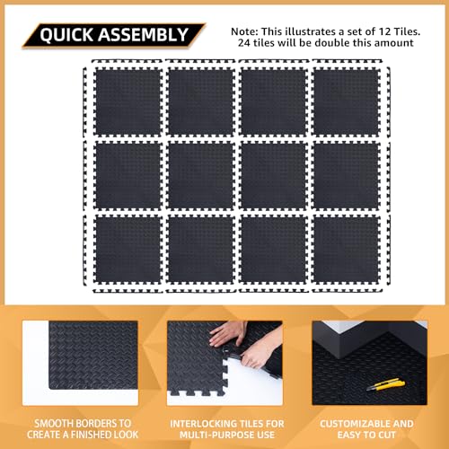 12 Pack, 48 SQFT - 24" x 24" - 1/2" Extra Thick Floor Exercise Mat for Home Gym or Floor Padding - High-Density EVA Interlocking Foam Floor Tiles for Gym Equipment, Play Area | Yoga, Cardio, Weights - size: Black