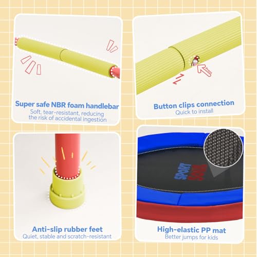 SPORTSOUL Mini Trampoline for Kids 3-6 with Super Safe Foam Handle Bar - color: Red & Blue