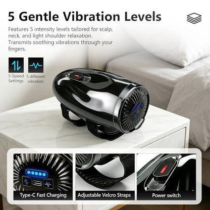 Professional Handheld Palm Massager with Adjustable Straps, 5 Modes, 2600mAh USB Rechargeable Vibrating Massager for Barber Salon, Neck & Scalp Care（Black）