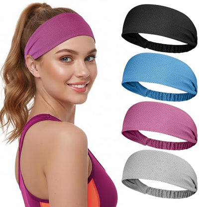 Cooling Headbands for Women, Non-Slip Sweatbands for Women, 4-Pack Elastic Sports Head Bands for Running, Yoga, Gym Workouts, Football