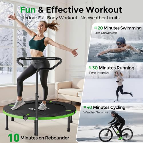 BCAN SP3 40"/48" Foldable Mini Trampoline, Rebounder Trampoline for Adults, U/T Adjustable Foam Handle, Exercise Rebounder for Adults Indoor/Garden Workout, Max Load 330lbs/440lbs-40T-Green