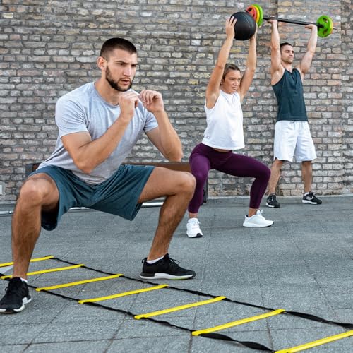 GHB Pro Agility Ladder Soccer Kick Trainer Set 20ft 12 Rung 10 Cones and 4 Stakes Speed Agility Football Training Equipment with Carrying Bag - color: Yellow