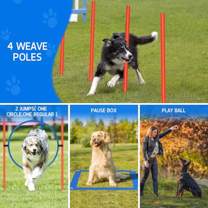 Dog Agility Equipment, Dog Obstacle Courses Backyard - Pet Outdoor Games w/Adjustable High Jump, Agility Weave Poles, Tunnel, Jumping Ring, Pause Box, 2 Balls,Whistle and Carrying Bag - size: 5 PCS Basic with tunnel
