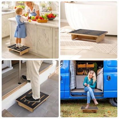 Step Stool for Adults, 3.5" Bed Step for High Beds, Non-Slip Stepping Stool with Load Capacity of 440 lbs, Wooden Step Stool for Seniors, Kids, Bedside, Shower, Kitchen Use, Beech Wood/Black