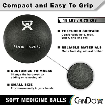 CanDo Soft Medicine Ball 9" Diameter 15lb Black Exercise Ball for Physical Therapy and Fitness Exercises, Easy Grip Rubber Weighted Ball for Workouts - size: 15 Pound