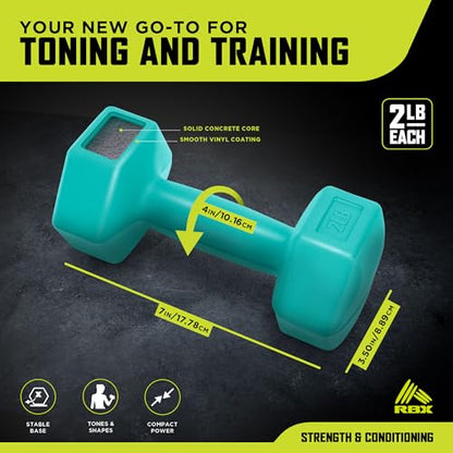 RBX Vinyl Coated Hand Weight Dumbbell Set - Hex Shaped, Roll Free for Body Building/Sculpting/Strength Training Exercise, (Set of 2) - color: Mint, size: 2lb